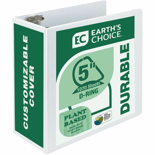 Samsill Earth's Choice Plant-based Durable View Binder - 5" Binder Capacity - Letter - 8 1/2" x 11" Sheet Size - 1070 Sheet Capacity - D-Ring Fastener(s) - 2 Pocket(s) - Plastic, Chipboard - White - 1.76 lb - Recycled - Archival-safe, Clear Overlay, Locki