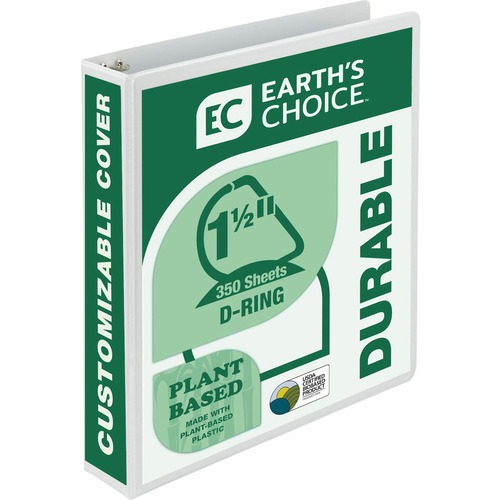 Samsill Earth's Choice Plant-based Durable View Binder - 1 1/2" Binder Capacity - Letter - 8 1/2" x 11" Sheet Size - 350 Sheet Capacity - D-Ring Fastener(s) - 2 Pocket(s) - Plastic, Chipboard - White - 1.07 lb - Recycled - Archival-safe, Clear Overlay, PV