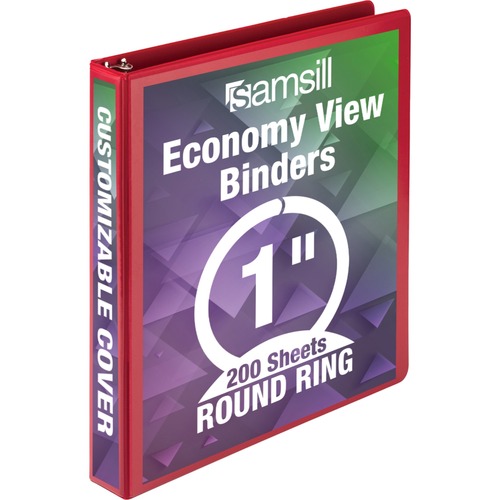 Samsill Economy 1" Round Ring View Binders - 1" Binder Capacity - Letter - 8 1/2" x 11" Sheet Size - 200 Sheet Capacity - 3 x Round Ring Fastener(s) - 2 Internal Pocket(s) - Chipboard, Polypropylene - Red - 10.72 oz - Recycled - Exposed Rivet, Clear Overl