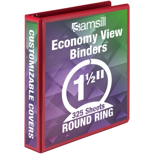Samsill Economy 1-1/2" Round Ring View Binders - 1 1/2" Binder Capacity - Letter - 8 1/2" x 11" Sheet Size - 350 Sheet Capacity - 3 x Round Ring Fastener(s) - 2 Internal Pocket(s) - Polypropylene, Chipboard - Red - 14.72 oz - Recycled - Exposed Rivet, Cle