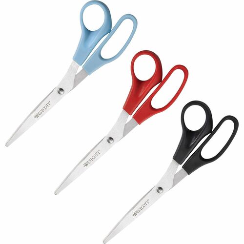 Westcott 8" All Purpose Straight Scissors - 8" Overall Length - Straight-left/right - Stainless Steel - Assorted - 3 / Pack