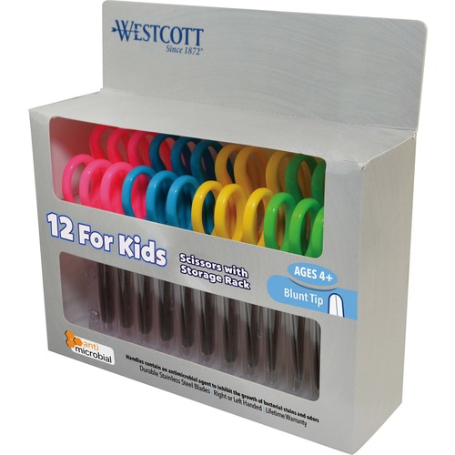 Westcott 5" Antimicrobial Kids Blunt Scissors - 5" Overall Length - Straight-left/right - Stainless Steel - Blunted Tip - Assorted - 12 / Pack