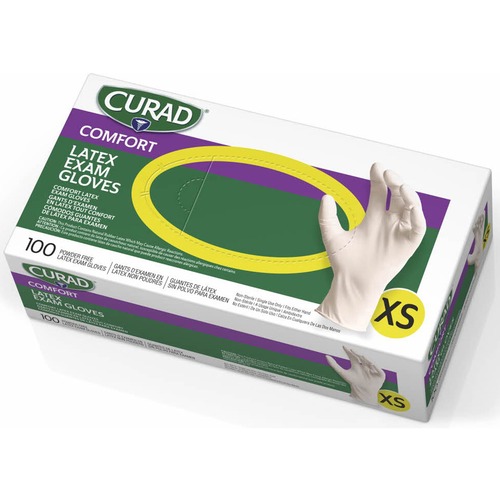 Curad Powder Free Latex Exam Gloves - X-Small Size - White - Powder-free, Textured - For Healthcare Working - 100 / Box