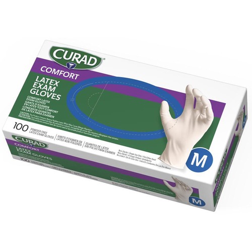 Curad Powder Free Latex Exam Gloves - Medium Size - White - Textured - For Healthcare Working - 100 / Box