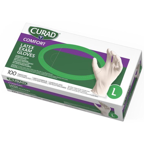 Curad Powder Free Latex Exam Gloves - Large Size - White - Textured - For Healthcare Working - 100 / Box