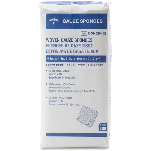 Medline Nonsterile Woven Gauze Sponges - 12 Ply - 4" x 4" - 200/Box - White