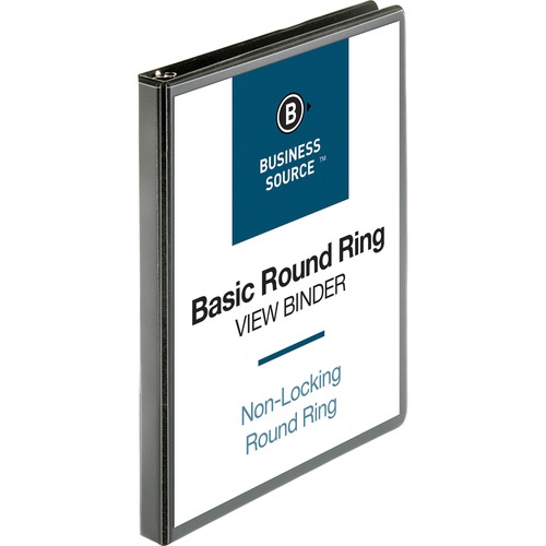 Business Source Round-ring View Binder - 1/2" Binder Capacity - Letter - 8 1/2" x 11" Sheet Size - 125 Sheet Capacity - Round Ring Fastener(s) - 2 Internal Pocket(s) - Polypropylene - Black - Wrinkle-free, Gap-free Ring, Clear Overlay, Non Locking Mechani