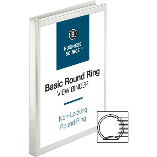 Business Source Round-ring View Binder - 1/2" Binder Capacity - Letter - 8 1/2" x 11" Sheet Size - 125 Sheet Capacity - Round Ring Fastener(s) - 2 Internal Pocket(s) - Polypropylene - White - Wrinkle-free, Gap-free Ring, Clear Overlay, Non Locking Mechani