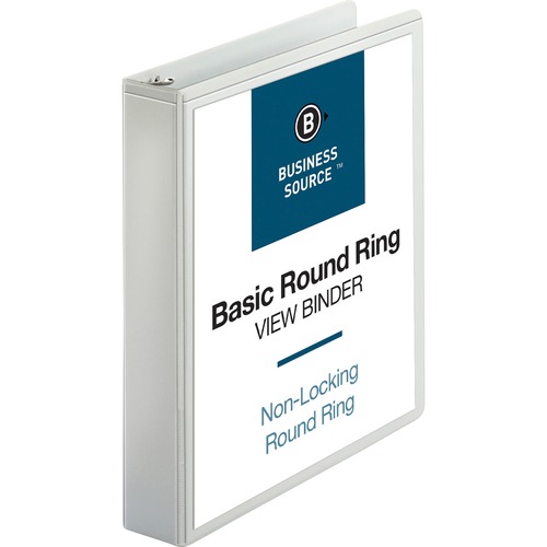 Business Source Round-ring View Binder - 1 1/2" Binder Capacity - Letter - 8 1/2" x 11" Sheet Size - 350 Sheet Capacity - Round Ring Fastener(s) - 2 Internal Pocket(s) - Polypropylene, Chipboard - White - Wrinkle-free, Gap-free Ring, Clear Overlay, Non Lo
