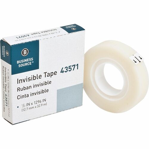 Business Source 1/2" Invisible Tape Refill Roll - 36 yd (32.9 m) Length x 0.50" (12.7 mm) Width - 1" Core - 1 / Roll - Clear