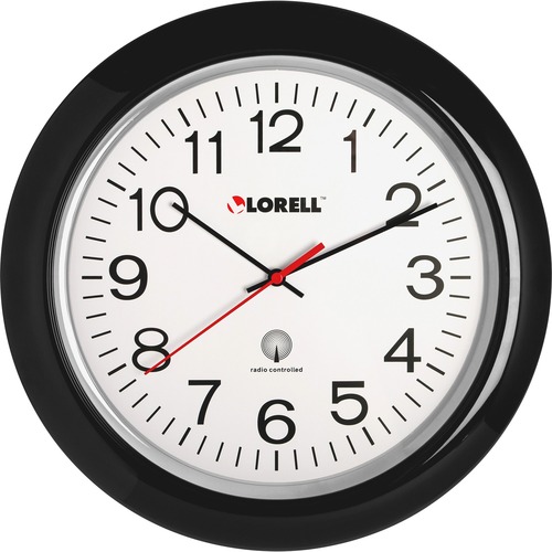 Lorell 13-1/4" Radio-Controlled Wall Clock - Analog - Quartz - White Main Dial - Black/Plastic Case