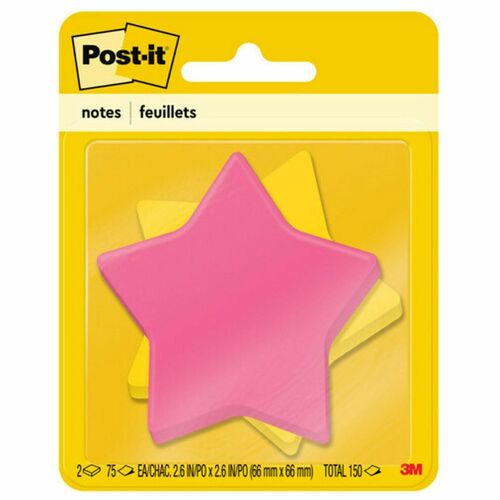 Post-it® Super Sticky Die-Cut Notes - 150 - 3" x 3" - Star - 75 Sheets per Pad - Unruled - Yellow, Pink - Self-adhesive - 2 / Pack