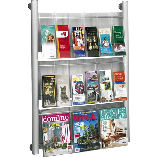 Safco Luxe 9 Pocket Magazine Wall Rack - 9 x Magazine, 18 - 9 Pocket(s) - 9 Compartment(s) - 9 Divider(s) - 41" Height x 31.8" Width x 5" Depth - Floor - Silver Frame - Acrylic, Aluminum - 1 Each