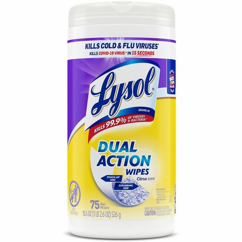 Lysol Dual Action Wipes - For Multipurpose - Citrus Scent - 7" Length x 7.25" Width - 75 / Canister - 1 Each - Pre-moistened, Anti-bacterial - White/Purple