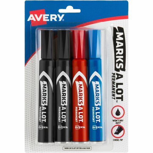 Avery® Marks A Lot Permanent Markers - Regular Marker Point - Chisel Marker Point Style - Black, Blue, Red - Black, Blue, Red Barrel - 4 / Pack