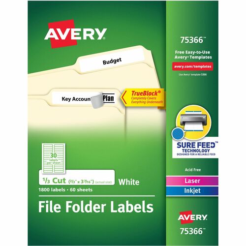 Avery® TrueBlock File Folder Labels - 21/32" Width x 3 7/16" Length - Permanent Adhesive - Rectangle - Laser, Inkjet - White - Paper - 30 / Sheet - 60 Total Sheets - 1800 Total Label(s) - 5