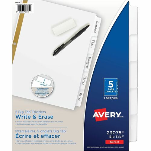 Avery® Big Tab Eraseable Write-On Dividers - 5 x Divider(s) - 5 Write-on Tab(s) - 5 - 5 Tab(s)/Set - 8.50" Divider Width x 11" Divider Length - 3 Hole Punched - White Paper Divider - White Paper Tab(s) - 5 / Set