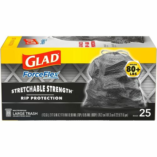 Glad ForceFlexPlus Large Drawstring Trash Bags - Large Size - 30 gal Capacity - 24.02" Width x 24.88" Length - Drawstring Closure - Black - 1Each - 25 Per Box - Home, Office, Can