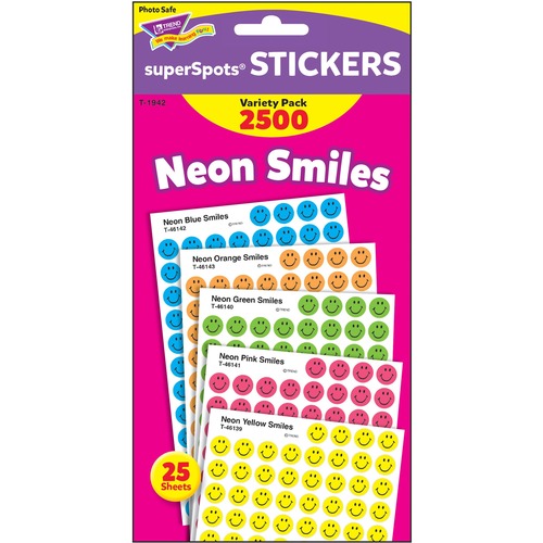 Trend superSpots Neon Smiles Stickers Variety Pack - 2500 x Smilies Shape - Acid-free, Non-toxic - Neon Green, Neon Yellow, Neon Orange, Neon Blue, Neon Pink - 2500 / Pack