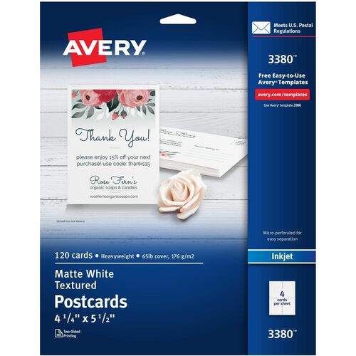 Avery® Matte Textured Postcards - 90 Brightness - 4 1/4" x 5 1/2" - Textured Matte - 120 / Box - Rounded Corner, Micro Perforated, Smudge-free, Jam-free - White
