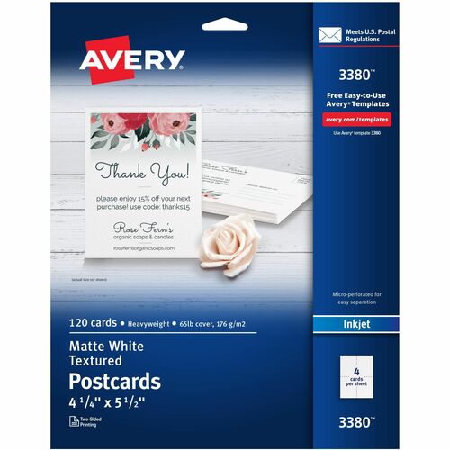 Avery® Matte Textured Postcards - 90 Brightness - 4 1/4" x 5 1/2" - 65 lb Basis Weight - 176 g/m² Grammage - Textured Matte - Rounded Corner, Micro Perforated, Smudge-free, Jam-free, Perforated, Recyclable, Biodegradable, Printable, Double-sided 