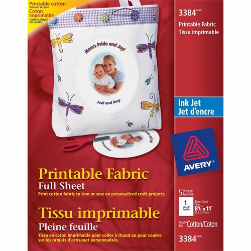 Avery® Printable Fabric, 8-1/2" x 11" , Inkjet Printers, 5 Sheets (3384) - A4 - 8 1/2" x 11" - Matte - 5 / Pack