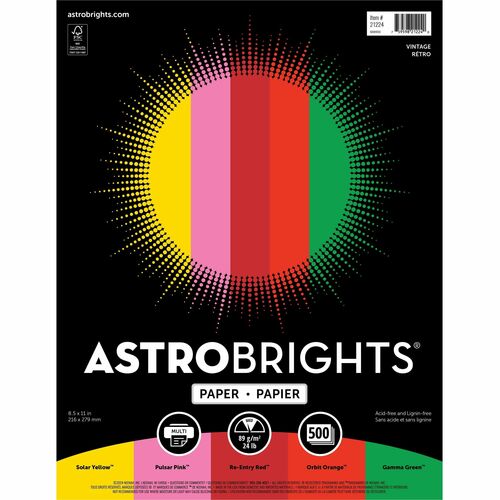 Astrobrights Color Copy Paper "Vintage" , 5 Assorted Colours - Letter - 8 1/2" x 11" - 24 lb Basis Weight - 500 / Ream - Acid-free, Lignin-free - Solar Yellow, Pulsar Pink, Re-entry Red, Orbit Orange, Gamma Green