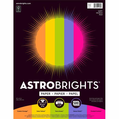 Astrobrights Inkjet, Laser Colored Paper - Cosmic Orange, Solar Yellow, Terra Green, Venus Violet, Fireball Fuschia - Letter - 8 1/2" x 11" - 24 lb Basis Weight - 500 / Ream - FSC