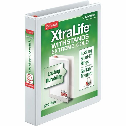 Cardinal Xtralife ClearVue Locking Slant-D Binders - 1" Binder Capacity - Letter - 8 1/2" x 11" Sheet Size - 270 Sheet Capacity - 1" Spine Width - 3 x D-Ring Fastener(s) - 2 Inside Front & Back Pocket(s) - Polyolefin - White - 14.40 oz - Hinged, Non-stick