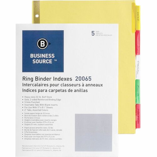 Business Source Reinforced Insertable Tab Indexes - 5 Tab(s)2" Tab Width - 8.50" Divider Width x 11" Divider Length - Letter - 3 Hole Punched - Buff Divider - Manila Tab(s) - 5 / Set - Insertable Tab Index Dividers - BSN20065