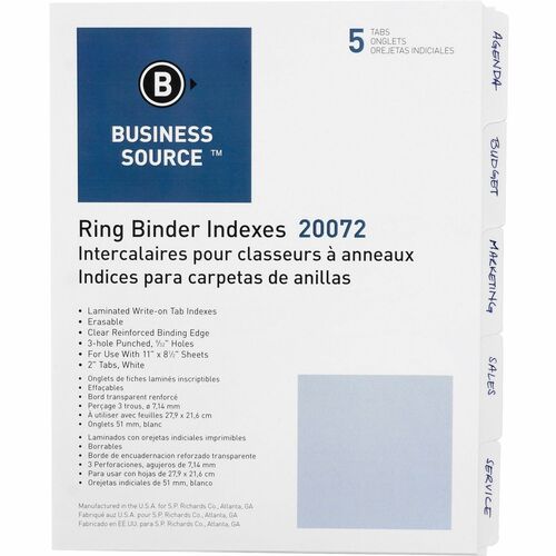 Business Source 3-Ring 5-Tab Erasable Tab Indexes - 5 Write-on Tab(s)2" Tab Width - 8.50" Divider Width x 11" Divider Length - Letter - 3 Hole Punched - White Divider - Mylar Tab(s) - Recycled - Erasable, Reinforced Edges, Punched, Laminated Tab - 5 / Set = BSN20072