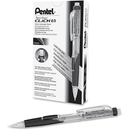 Pentel .5mm Twist Erase Click Mechanical Pencil - #2 Lead - 0.5 mm Lead Diameter - Refillable - Transparent, Black Barrel - Mechanical Pencils - PENPD275TA