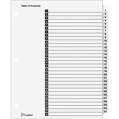 Cardinal OneStep Daily Index System - 31 x Divider(s) - Printed Tab(s) - Digit - 1-31 - 31 Tab(s)/Set - 9" Divider Width x 11" Divider Length - Letter - 8.50" Width x 11" Length - 3 Hole Punched - White Divider - White Tab(s) - Reinforced Tab, Reinforced 