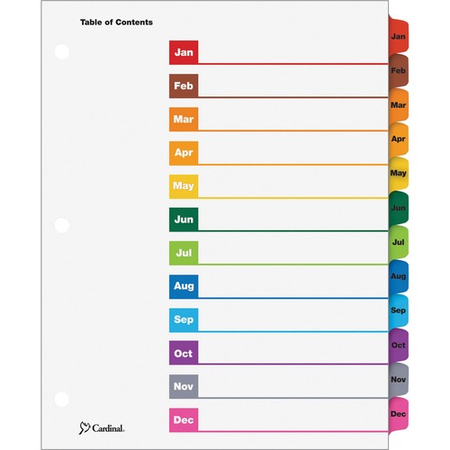 Cardinal OneStep Monthly Index System - 12 x Divider(s) - Printed Tab(s) - Month - Jan-Dec - 12 Tab(s)/Set - 9" Divider Width x 11" Divider Length - Letter - 8.50" Width x 11" Length - 3 Hole Punched - White Divider - Multicolor Tab(s) - Reinforced Tab, R