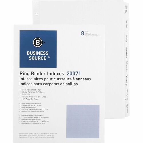 Business Source 3-Ring Plain Tab Indexes - 8 Write-on Tab(s)1.25" Tab Width - 8.50" Divider Width x 11" Divider Length - Letter - 3 Hole Punched - White Divider - 100 / Box = BSN20071