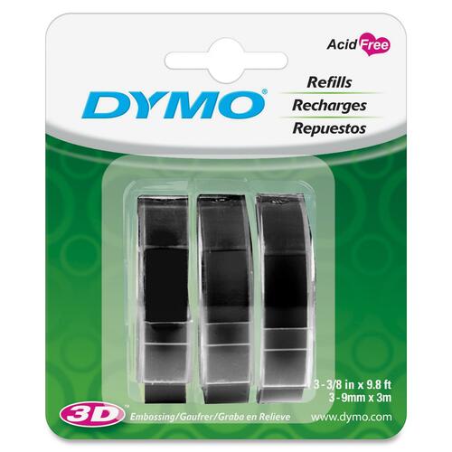Dymo 1741670 Glossy Embossing Tape - 3/8" x 117 3/5" Length - Rectangle - Black - Vinyl - 3 / Pack - Self-adhesive, Weather Resistant, Corrosion Resistant, Abrasion Resistant, Chemical Resistant