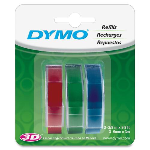 Dymo 1741671 Glossy Embossing Tape - 3/8" x 117 3/5" Length - Rectangle - Blue, Red, Green - Vinyl - 3 / Pack - Electronic Label Maker Tapes - DYM1741671