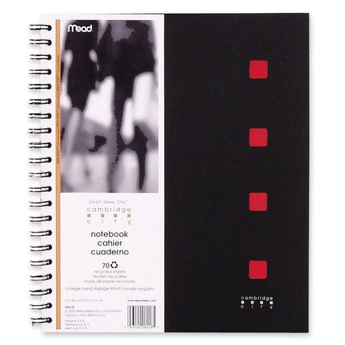 Hilroy 06018 Cambridge City Notebook - 70 Sheets - Twin Wirebound - 8 1/2" x 11 1/2" - White Paper - Black Cover - Poly Cover - Perforated, Durable Cover - 1Each