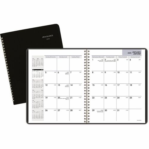 AT-A-GLANCE® Monthly Wire Bound Diary 8-3/4x6-7/8" Bilingual - Julian Dates - Monthly - 1 Year - January 2024 - December 2024 - 1 Month Double Page Layout - 8 3/4" x 6 7/8" Sheet Size - Wire Bound - Simulated Leather - Bilingual, Memo Section, Notes A