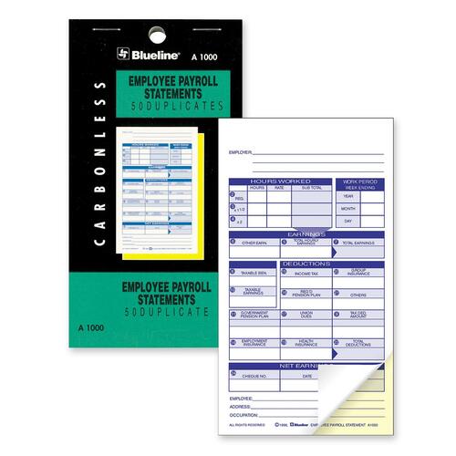 Blueline A1000 Payroll Statement Book - 2 PartCarbonless Copy - 3 1/2" x 6 1/2" Sheet Size - White Sheet(s) - Black Cover - 1 Each