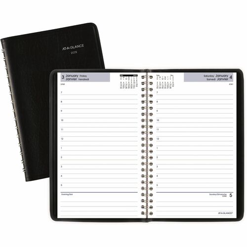 At-A-Glance SF4400 Appointment Book - Julian Dates - Daily - 1 Year - January 2024 till December 2024 - 7:00 AM to 6:00 PM - Hourly - 1 Day Single Page Layout - 8 1/2" x 4 7/8" Sheet Size - Wire Bound - Black - Paper - Lightweight, Bilingual - 1 Each