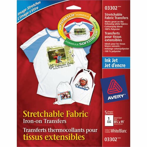 Avery® Stretchable Fabric Transfers, Matte, 8-1/2" x 11" , 5 Labels - Letter - 8 1/2" x 11" - Matte - 30 / Carton - Clear