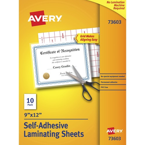 Avery® Self-Adhesive Laminating Sheets - Laminating Pouch/Sheet Size: 9" Width x 12" Length - for Document, Card, Certificate, Artwork - Self-adhesive, Easy to Use, Easy Peel, Non-toxic, Self-sealing - Clear - 10 / Pack