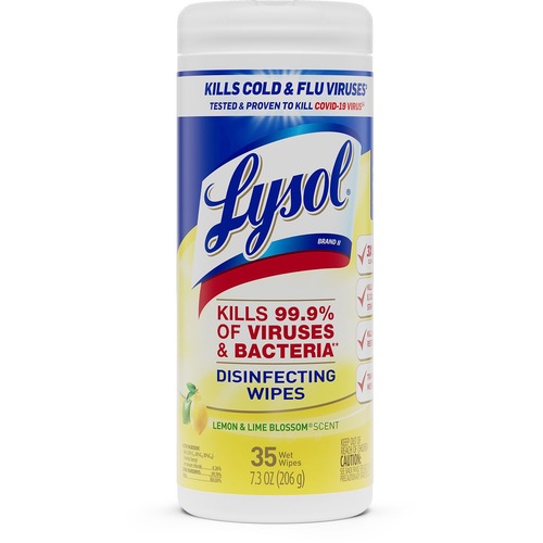 Lysol Lemon/Lime Disinfect Wipes - For Kitchen, Toilet, Sink, Tub, Floor, Cabinet, Stove Top, Wood - Lemon & Lime Blossom Scent - 7" Length x 7.25" Width - 35 / Canister - 1 Each - Pre-moistened, Anti-bacterial, Disinfectant - White