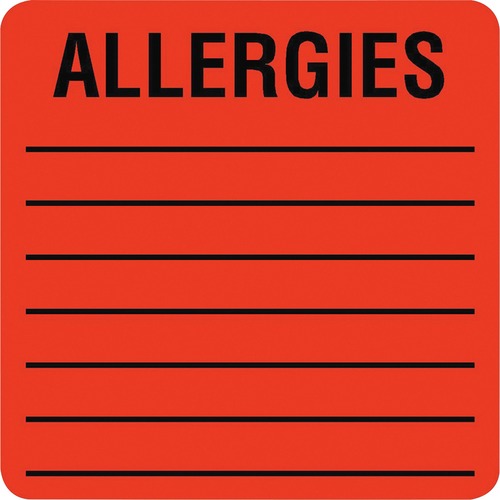 Tabbies Square ALLERGIES Labels - 2" Width x 2" Length - Permanent Adhesive - Square - Fluorescent Red - 500 / Roll - Self-adhesive - 500 / Roll