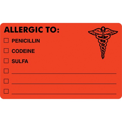 Tabbies ALLERGIC TO Medical Allergy Label - 4" Width x 2" Length - Permanent Adhesive - Rectangle - Fluorescent Red - 100 / Roll - 100 / Roll - Self-adhesive
