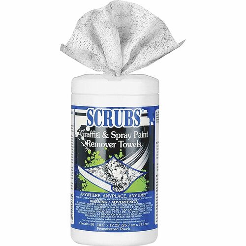 SCRUBS Graffiti/Spray Paint Remover Towels - For Graffiti, Metal Surface, Porcelain, Vinyl, Baked Enamel, Glass, Stainless Steel, Plexiglas, Aluminum, Formica, Brick, ... - Towel - Neutral Scent - 30 / Tub - 6 / Carton - Absorbent, Non-scratching, Abrasiv