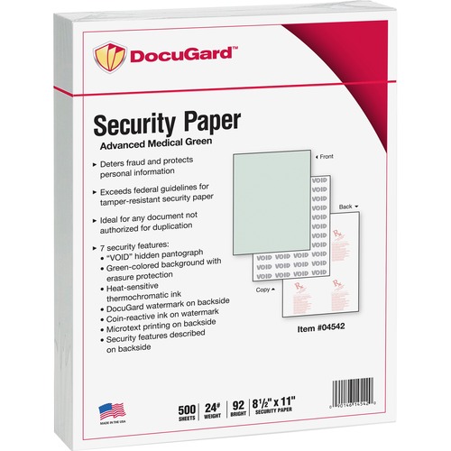 DocuGard Advanced Medical Security Paper - Letter - 8 1/2" x 11" - 24 lb Basis Weight - 500 / Ream - Tamper Resistant, Erasure Protection, Watermarked, CMS Approved - Green