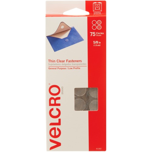 VELCRO® 91302 General Purpose Thin Clear Fasteners - 0.63" Dia - Adhesive Backing - Water Resistant - For Holding, Glass, Plastic, Metal - 75 / Pack - Clear