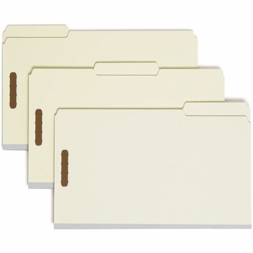 Smead 100% Recycled Pressboard Fastener Folders - Legal - 8 1/2" x 14" Sheet Size - 1" Expansion - 2 x Prong K Style Fastener(s) - 2" Fastener Capacity - 1/3 Tab Cut - Assorted Position Tab Location - 25 pt. Folder Thickness - Pressboard - Gray, Green - R